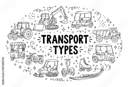 Comprehensive collection of diverse transport types featuring construction vehicles, recreational mobility, and water travel, ideal for childrens educational content and interactive