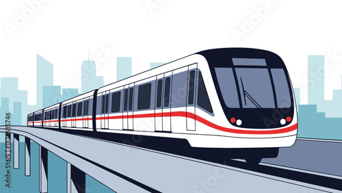 Modern high speed commuter train traveling on elevated tracks with a faint city skyline silhouette in the background.
