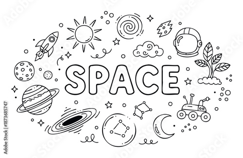 Fun space exploration themed outline collection featuring rockets, planets, sun, moon, and astronaut helmet surrounding the word SPACE, perfect for childrens learning activities and cosmic