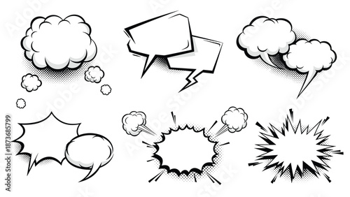 Assortment of comic style speech bubbles and explosive action shapes in black and white for creative graphic design projects.
