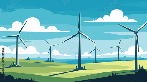 Wind turbines standing on green fields under a clear blue sky with white clouds representing renewable energy and sustainable wind power.