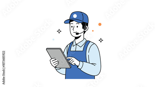 Professional delivery service worker or technician using a digital tablet for work while wearing a blue uniform and communication headset.