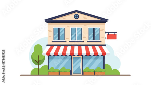 Charming two-story small business shop or local boutique with a red and white striped awning and green plants in front of windows.