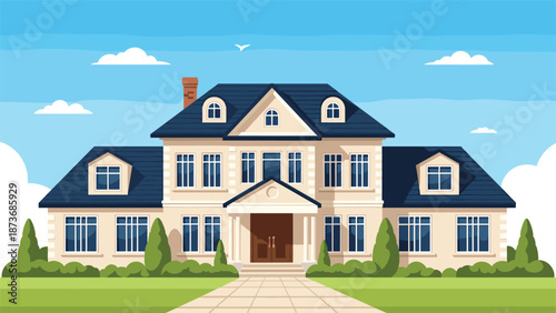 Grand luxury mansion with multiple windows and a symmetrical design standing on a green lawn under a clear blue sky with white clouds.