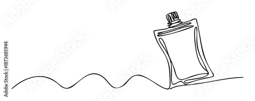Continuous line drawing depicting a modern standup pouch with a screw cap, perfect for illustrating flexible packaging solutions for liquids, gels, or food products in contemporary