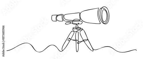 Minimalist continuous line drawing of a telescope on a tripod symbolizing exploration and discovery, suitable for educational materials, science publications, and modern marketing graphics.