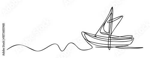 Continuous line drawing of a minimalist sailboat navigating ocean waves, perfect for modern graphic design projects, marine themed branding, web backgrounds, or stylish wall decoration