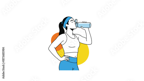 Healthy woman in workout clothes drinking water from a bottle after a fitness session with colorful abstract shapes in the background.