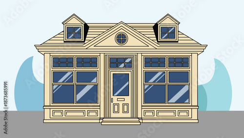 Classical architecture storefront with large windows and a central door featuring decorative details and a neutral cream color palette.