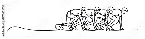 A minimalist continuous line graphic depicts five determined athletes poised at the starting line, ready for a race, conveying themes of competition, teamwork, and athletic pursuit for
