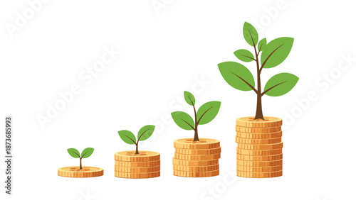 Four stacks of gold coins of increasing height with small green plants growing out of each top to represent financial growth and savings.