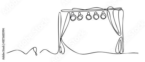 Elegant single line drawing depicting an empty performance stage setup with spotlights and flowing drapes, ideal for performance arts event invitations or theater program covers.