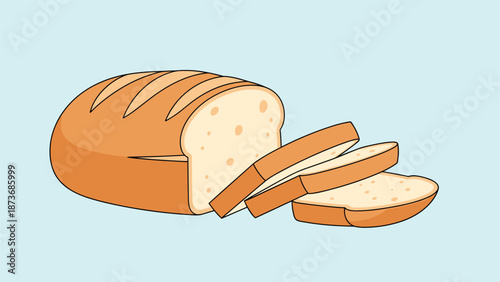Loaf of freshly baked white bread with several slices cut and placed on a light blue background for food and bakery concepts.