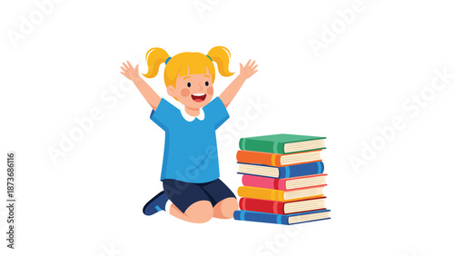 Enthusiastic young schoolgirl raising her hands in excitement while sitting next to a colorful stack of textbooks.