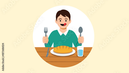 Young boy sitting at a wooden dining table with a fork and spoon ready to eat a fresh loaf of bread.