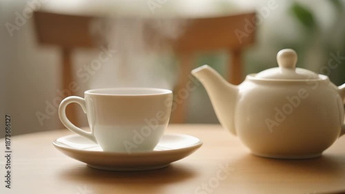 Wallpaper Mural Steaming tea cup and teapot on wooden table with chair and plant in background, for beverage or relaxation concept Torontodigital.ca