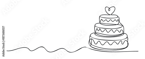Elegant one line drawing of a tiered wedding cake topped with a heart, ideal for celebrating love, anniversaries, or special occasion invitations and romantic event decorations.