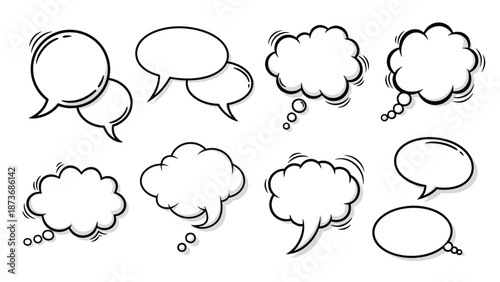 Versatile set of hand drawn black and white speech and thought bubbles for comic strips and communication design.