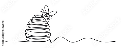 Minimalist continuous line drawing depicting a busy bee approaching its natural beehive, perfect for environmental, nature, or sustainability themed presentations and educational materials.