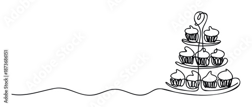 Continuous line drawing of a charming cupcake stand filled with delicious frosted muffins, perfect for bakery promotions, event invitations, or sweet treat marketing materials.