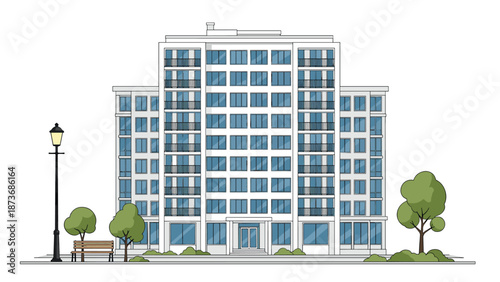 Modern multi-story apartment complex with several balconies surrounded by a public park with trees and a bench.