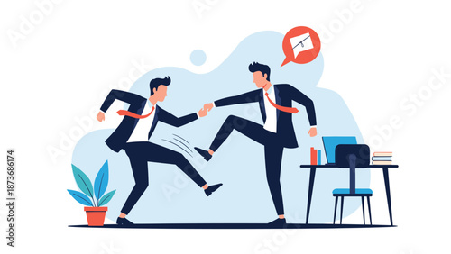 Dynamic illustration of two businessmen in formal suits engaging in a physical fight inside a modern office workspace.