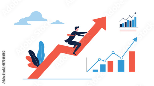 Confident businessman riding a large red arrow pointing upward to symbolize rapid growth and corporate success.