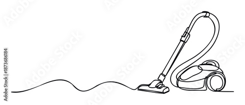 Continuous one line drawing of a modern vacuum cleaner with a floor nozzle, symbolizing home cleaning efficiency and domestic chores, ideal for appliance brochures and household service