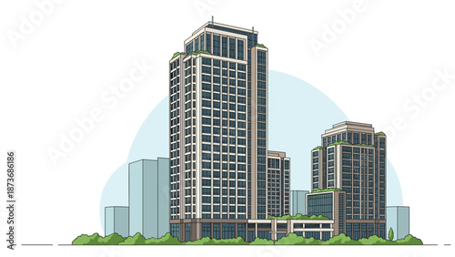 Cluster of modern high rise skyscrapers in a city business district with lush green trees at the base.