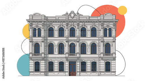 Elegant historical building facade with ornate architectural details and colorful abstract geometric shapes in the background.