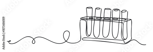 Continuous line drawing of test tubes in a rack, symbolizing scientific research, laboratory work, and chemical experiments, suitable for educational content and medical presentations.