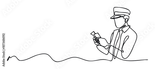A continuous line drawing depicting a professional uniformed person holding documents, ideal for illustrating concepts of duty, travel, or administrative processes in various commercial
