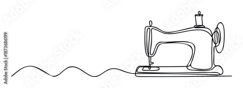 Continuous one line drawing of a vintage sewing machine, perfect for tailor shop branding, textile industry marketing, hobby craft advertisements, or creative DIY workshops.
