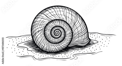 Hand drawn engraving style seashell with a distinctive spiral pattern resting on the sandy beach edge perfect for ocean themed designs prints and educational materials
