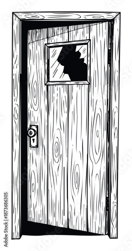 Grungy old wooden door featuring a broken window pane and a traditional doorknob ideal for evoking suspenseful or mysterious themes in various media projects.