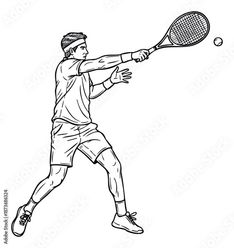 A focused male tennis player powerfully hits a tennis ball with his racket during a match, perfect for sports advertising, athletic event promotions, and fitness campaign imagery.