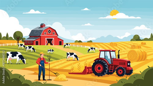 Busy farm scene featuring a red barn, a tractor, a farmer, and dairy cows grazing in green pastures.