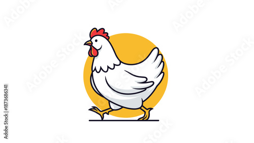 Profile view of a white hen walking forward set against a bright yellow circular sun background element.