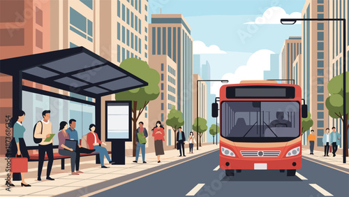 Urban street scene with a red transit bus approaching a busy bus stop filled with waiting commuters.