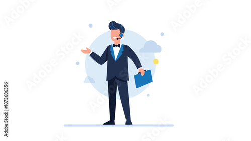 Professional concierge or waiter dressed in a formal tuxedo and headset holding a blue briefcase and gesturing.