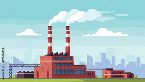 Industrial factory building with tall chimneys releasing smoke into the air against a blue sky with city skyline.