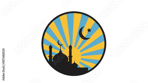 Islamic mosque silhouette with crescent moon and star in circle on yellow blue background