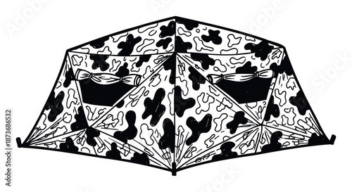 Doodle style black and white spot pattern outdoor tent structure with two tied windows, perfect for camping product advertising, childrens book illustrations, or event decorations.