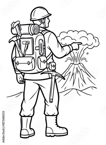 Geologist explorer points towards an erupting volcano with smoke and lava, carrying a backpack full of tools like a hammer, pickaxe, and thermometer, ideal for educational materials and