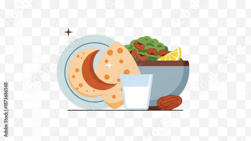 Ramadan iftar meal with dates pita bread and fresh salad illustration