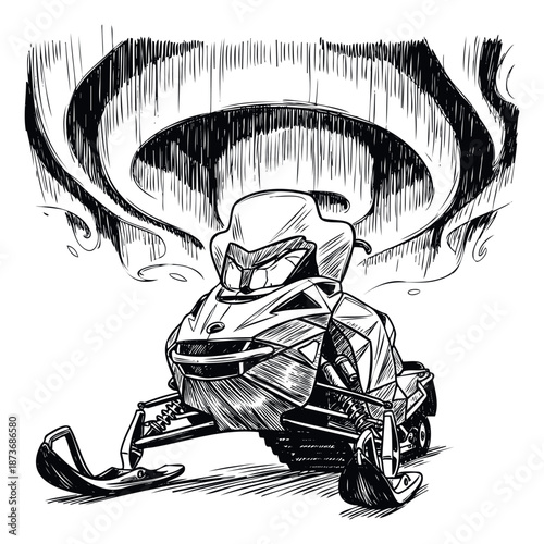 Bold ink sketch of a powerful modern snowmobile poised for adventure beneath an exciting abstract atmospheric display perfect for winter sports event branding or outdoor recreation