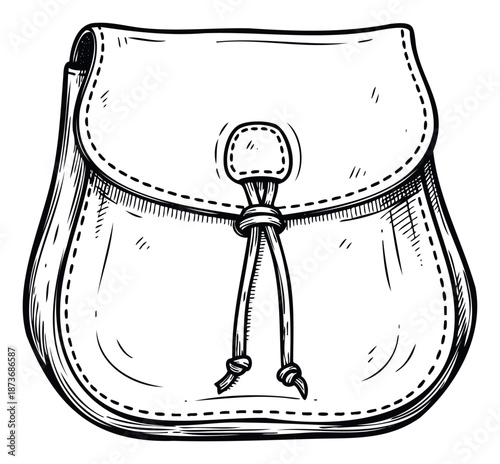 Classic hand drawn sketch of an old leather pouch with a drawstring closure perfect for historical themes fantasy games and authentic packaging designs