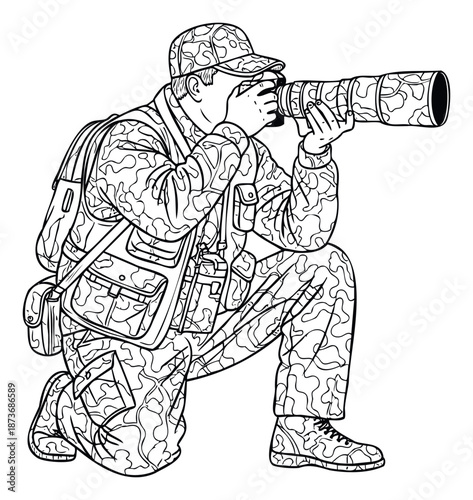 Enthusiastic wildlife photographer dressed in camouflage uniform kneels to capture a distant shot with a powerful telephoto lens, ideal for outdoor publications, nature conservation