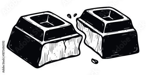 Bold black and white graphic of a broken dark chocolate piece with textured edges and subtle drips, perfect for culinary branding, sweet treat advertisements, or dessert menu accents.