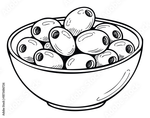 A simple hand drawn outline of a bowl brimming with whole olives, perfect for food blogs, recipe books, or restaurant menus seeking a classic culinary aesthetic.